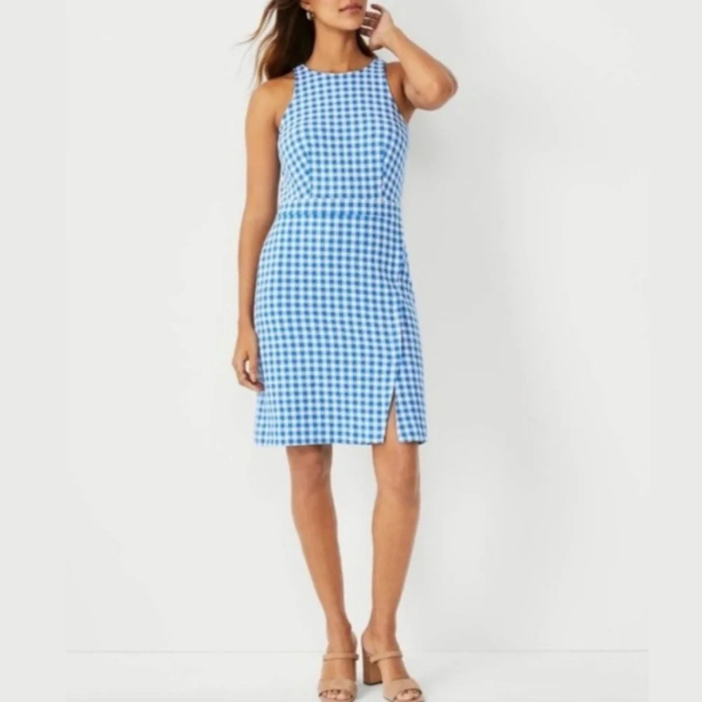 Ann Taylor Blue & White Gingham Check Sleeveless Sheath Dress Size 2 Tall Summer